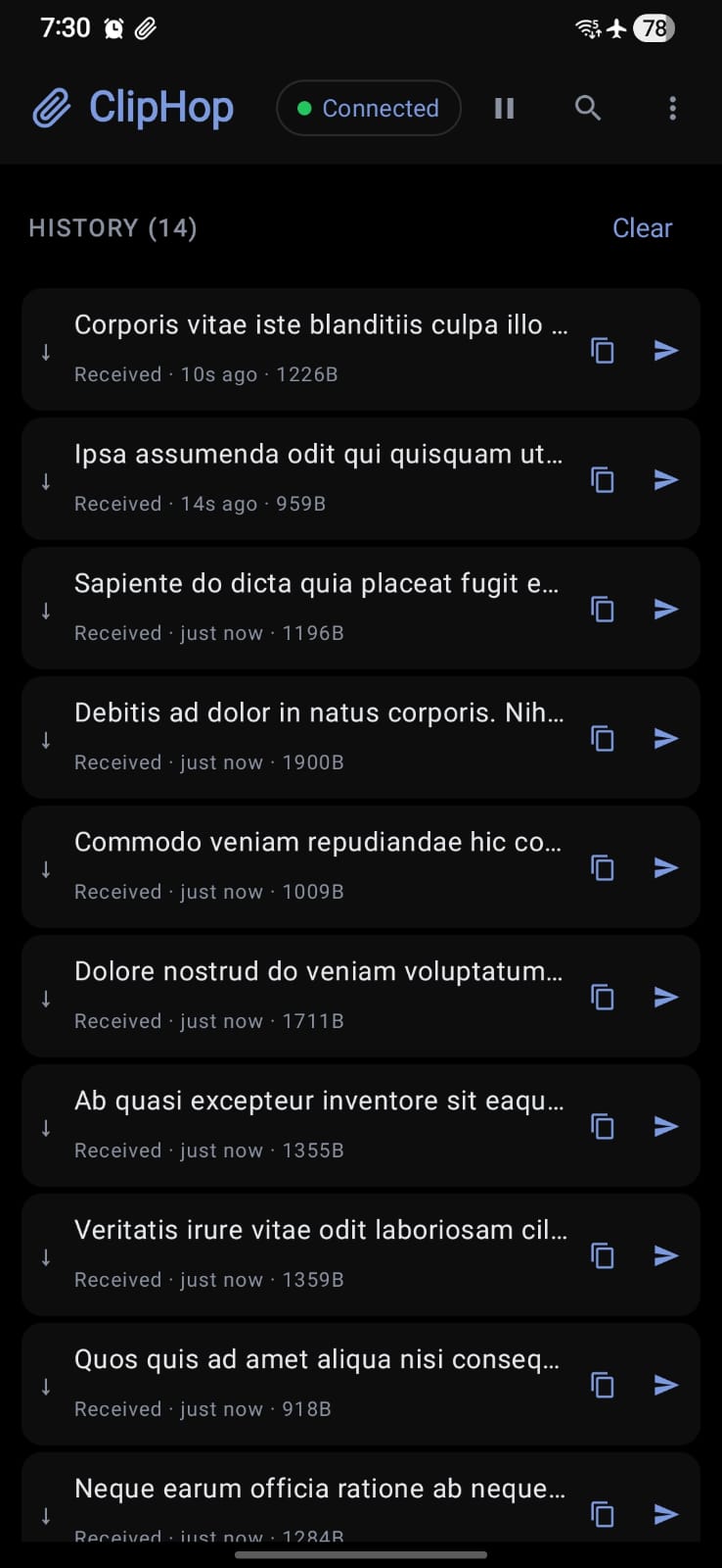ClipHop for Android, History screen in dark theme: a Connected chip with a green dot, pause and search controls, and a list of received clipboard items with byte counts and timestamps. The status bar shows airplane mode is on.