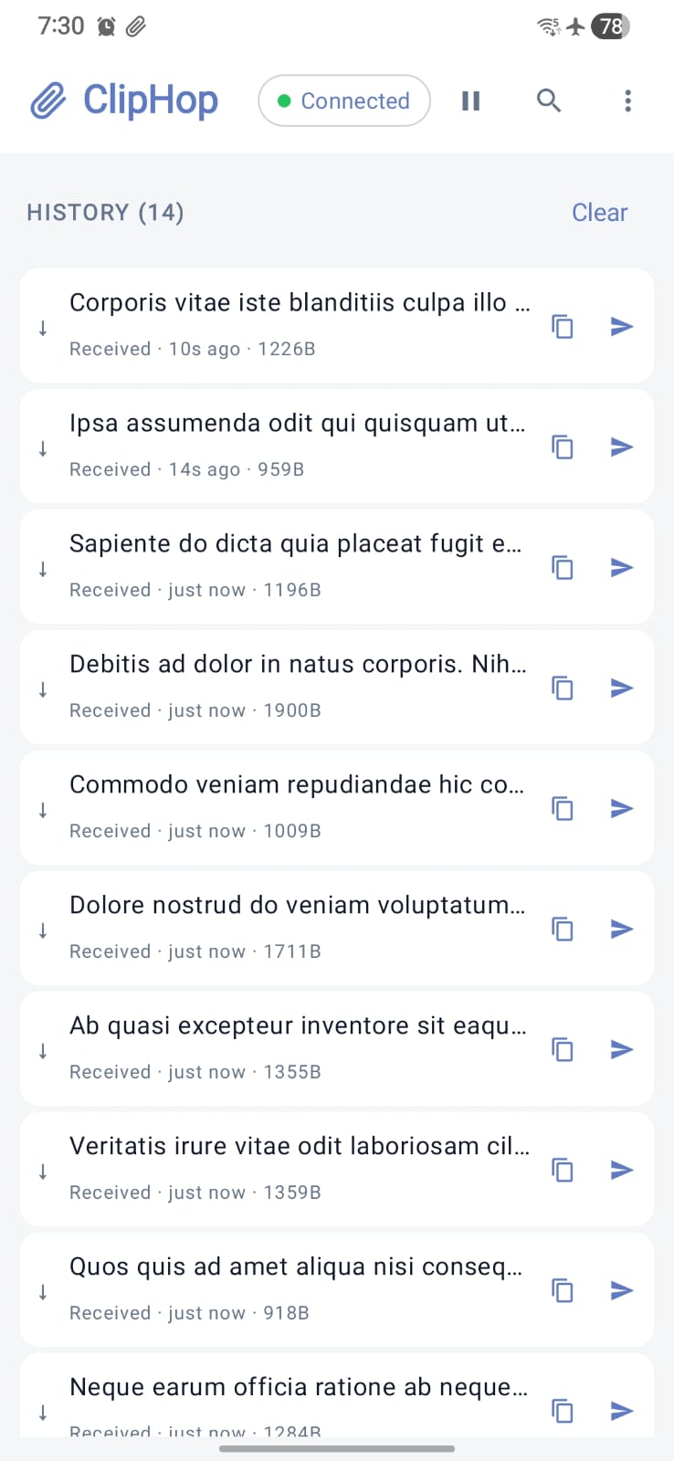 ClipHop for Android, History screen in light theme: a Connected chip with a green dot, pause and search controls, and a list of received clipboard items with byte counts and timestamps. The status bar shows airplane mode is on.