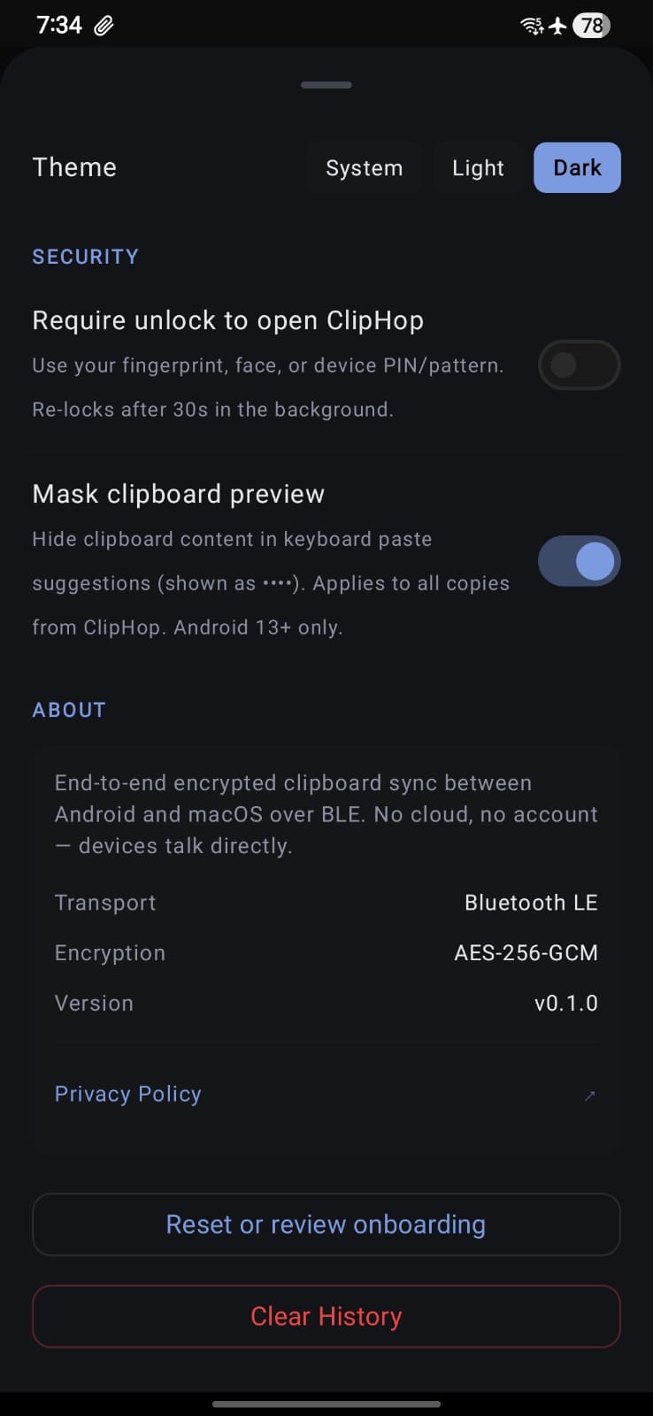 ClipHop for Android, Security settings: Require unlock to open ClipHop with fingerprint/face/PIN, Mask clipboard preview toggle on, and an About section showing Transport: Bluetooth LE, Encryption: AES-256-GCM, Version: v0.1.0.