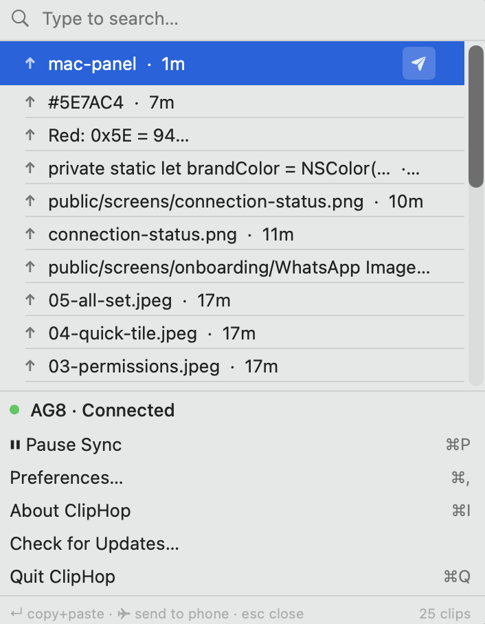 ClipHop's macOS menu-bar panel: a search field, a highlighted history item with a paper-plane send icon, and a footer listing the paired device as AG8 · Connected with Pause Sync (⌘P), Preferences, About, Check for Updates, and Quit.