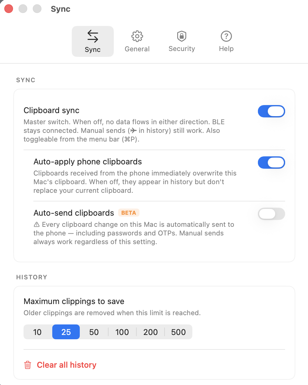 ClipHop for Mac Preferences, Sync tab: Clipboard sync master toggle on, Auto-apply phone clipboards on, Auto-send clipboards beta off with the same passwords-and-OTPs warning; below, a History section with Maximum clippings to save set to 25.