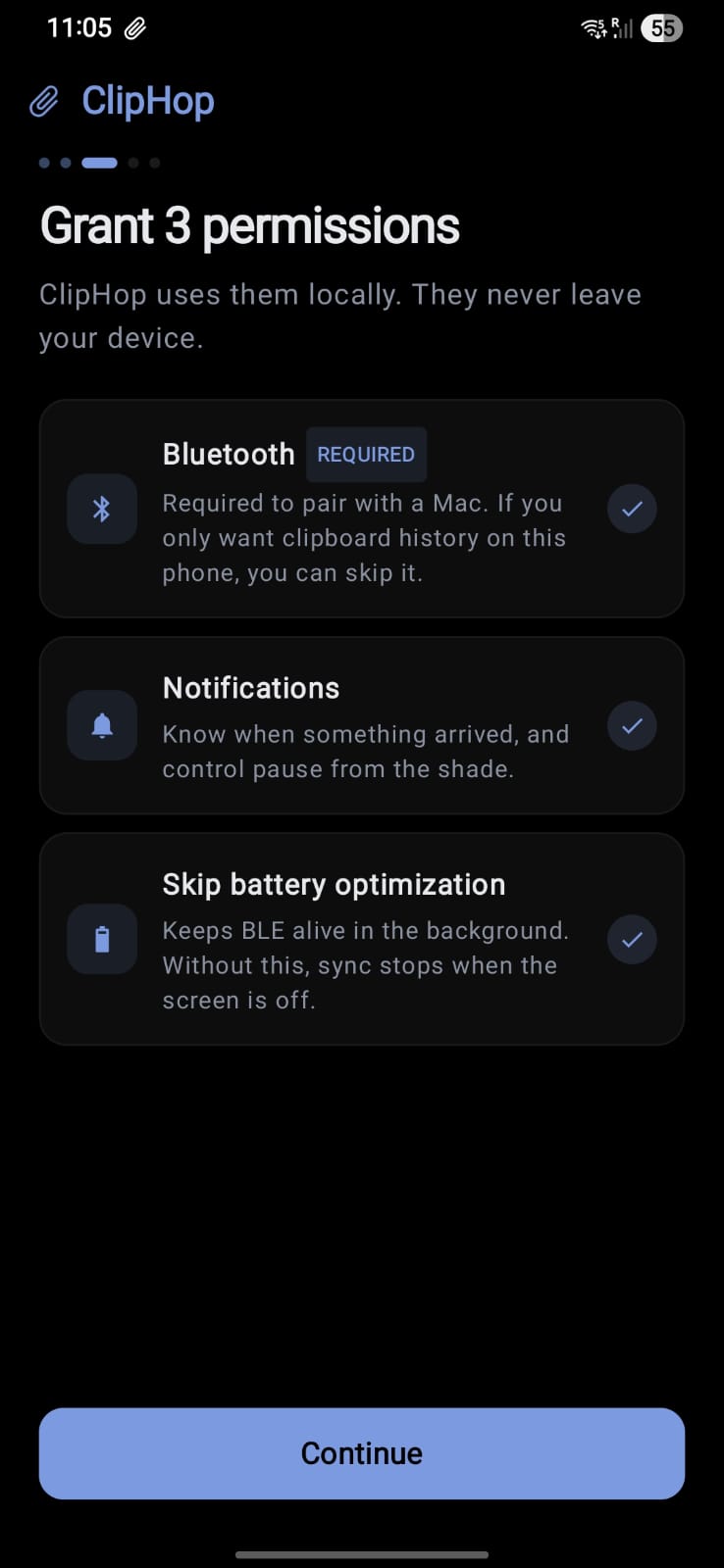 ClipHop's first-launch permissions screen on Android: Bluetooth marked Required, Notifications, and Skip battery optimization — all three on one screen with checkmarks and a Continue button.